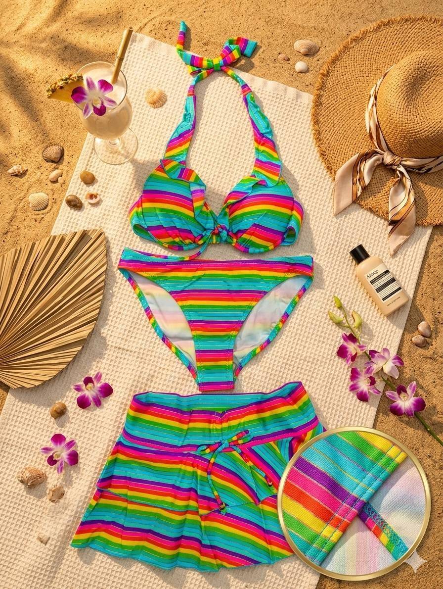 مایو ۳ تکه رنگین کمانی وارداتی زنانه برند Beach Queen