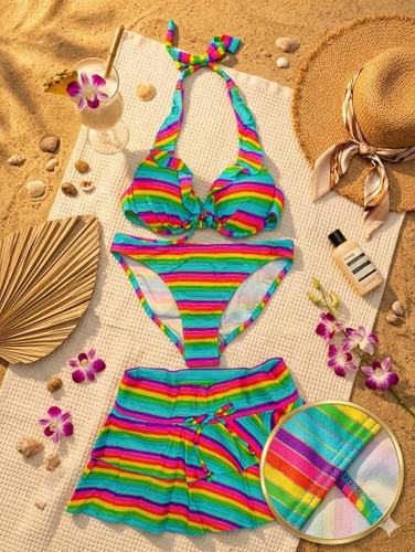 مایو ۳ تکه رنگین کمانی وارداتی زنانه برند Beach Queen