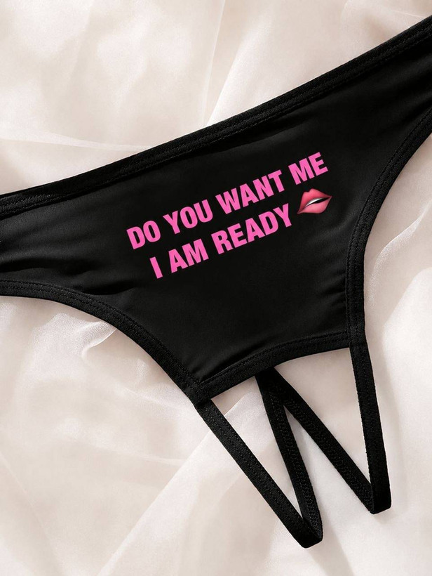 شورت لامبادا فاق باز مشکی زنانه برند شین با متن صورتی DO YOU WANT ME I AM READY و آیکون لب