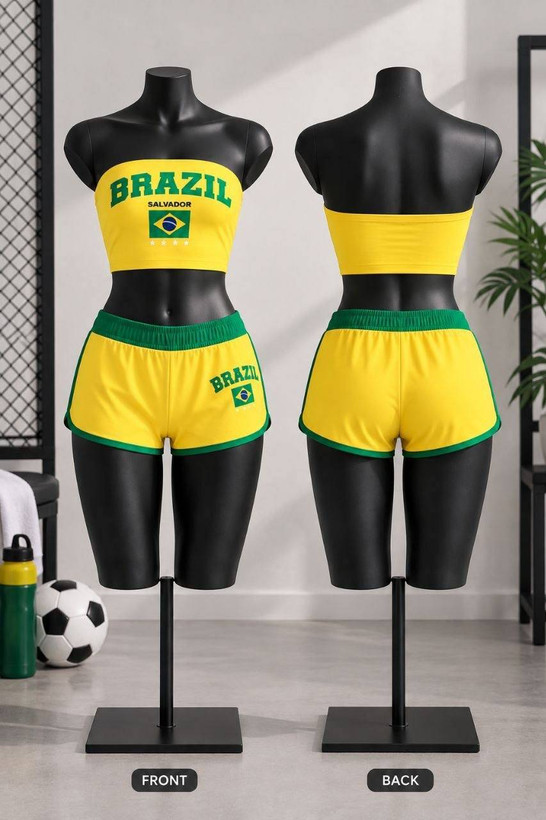 نمای جلو و پشت کیت زرد و سبز برزیل شین 634 روی دو مانکن مشکی با کراپ BRAZIL و شورتک فانتزی فوتبالی