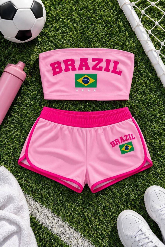 عکاسی تخت کیت فانتزی فوتبالی صورتی برزیل شین کد 634 روی چمن استادیوم با نوشته BRAZIL پرچم برزیل توپ فوتبال بطری صورتی و دروازه سفید