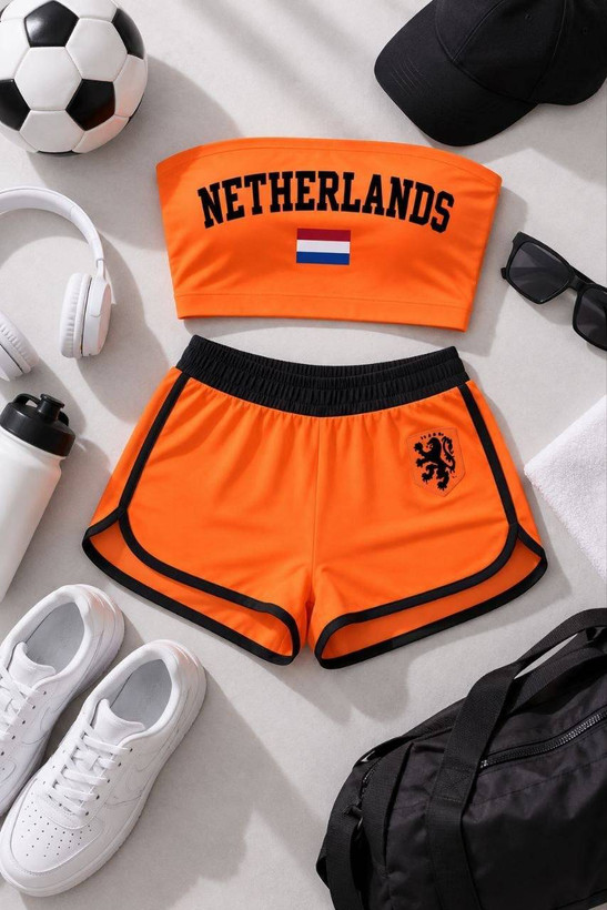 عکاسی فلتلی کیت فوتبالی نارنجی هلند شین کد 634 با کراپ تیوب NETHERLANDS پرچم سه رنگ و شورتک مشکی حاشیه دار در کنار توپ فوتبال کلاه شال هدفون و کفش سفید