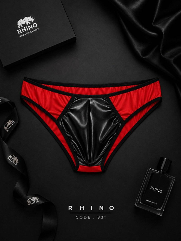 نمای نزدیک از شورت مردانه طرح چرم و فلامنت بسته برند Rhino به همراه جعبه و روبان