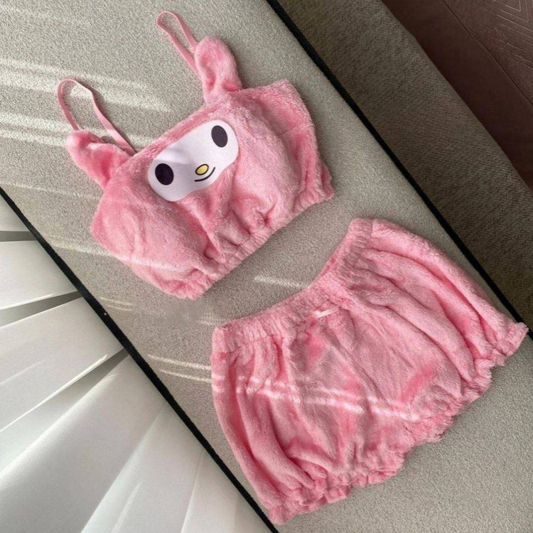 ست نیم تنه بندی و شورتک پفکی تدی صورتی پاستلی دخترانه لطیف